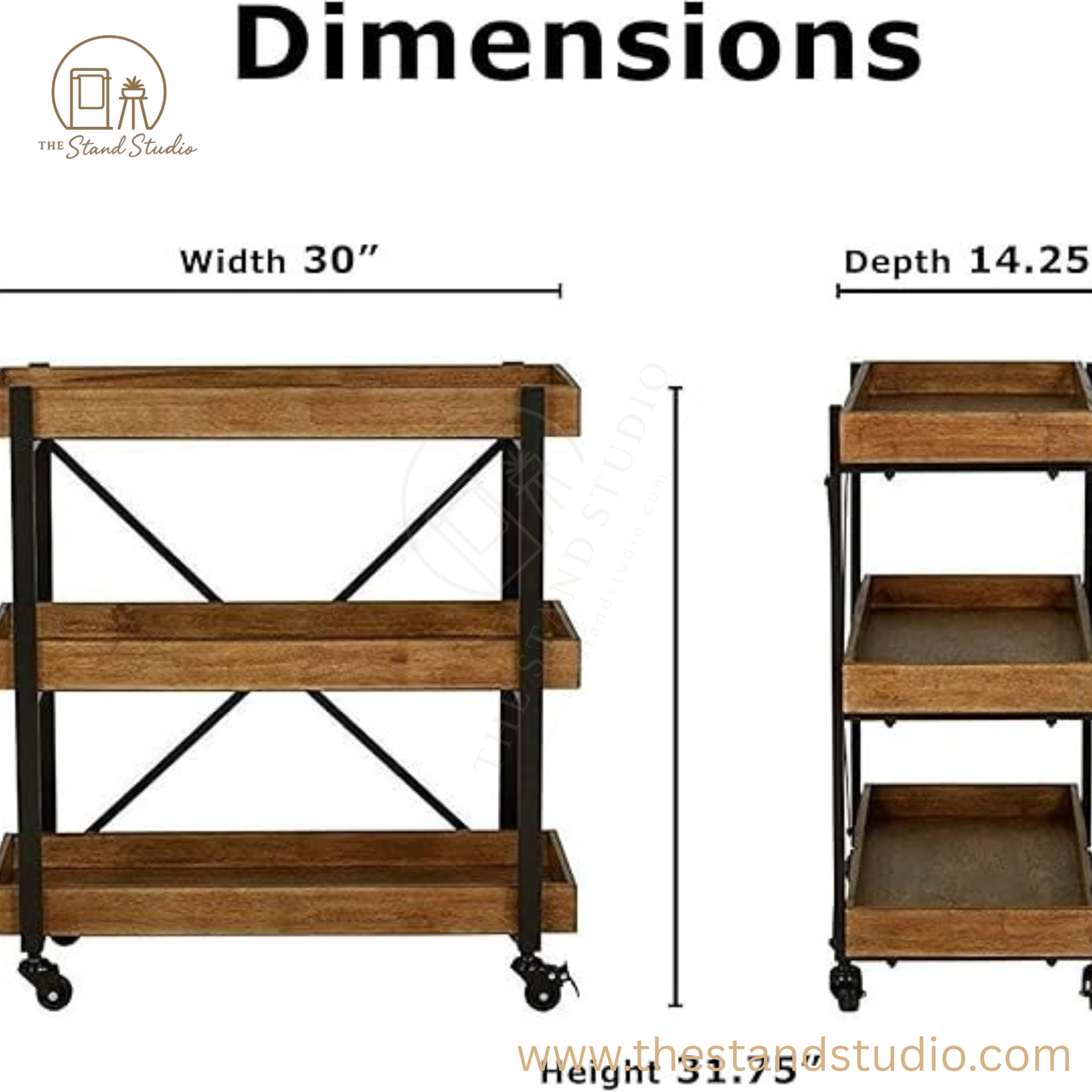 Adore Decor Riley Modern Rustic Rolling Bar Cart with Wheels | Sheesham Wood & Metal Kitchen Organizer Utility Trolley