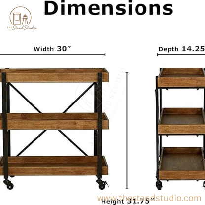 Adore Decor Riley Modern Rustic Rolling Bar Cart with Wheels | Sheesham Wood & Metal Kitchen Organizer Utility Trolley