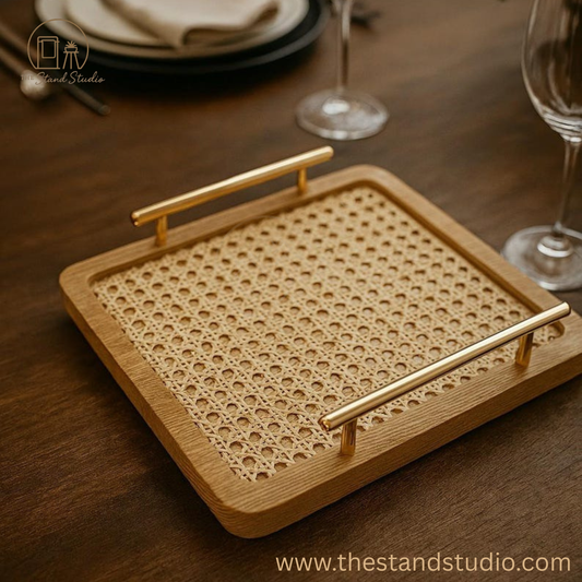 Handmade Wooden Rattan Tray – Perfect Gift for Coffee Lovers – Rustic Boho Home Decor – Natural Cane Serving Tray