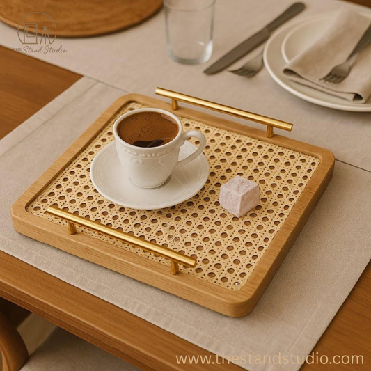 Handmade Wooden Rattan Tray – Perfect Gift for Coffee Lovers – Rustic Boho Home Decor – Natural Cane Serving Tray