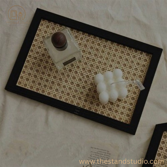 Black Rattan Serving Tray | Modern Decorative Coffee & Vanity Tray