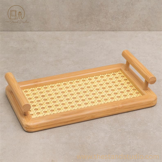 Rectangular Bamboo Serving Tray with Straw Handles | Rustic Eco-Friendly Home Décor