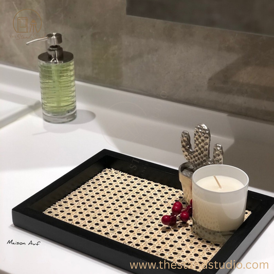 Matte Black Rattan Serving Tray | Modern Vanity Tray & Stylish Home Décor Accent