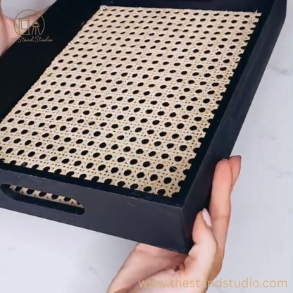 Matte Black Rattan Serving Tray | Modern Vanity Tray & Stylish Home Décor Accent