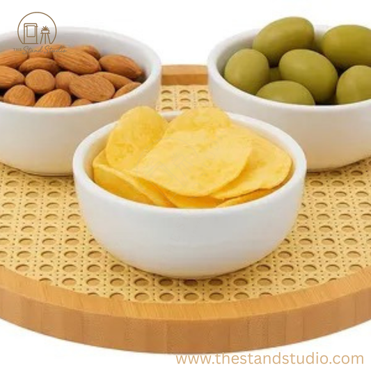 Round Bamboo & Rattan Serving Tray | Rustic Snack & Coffee Table Tray