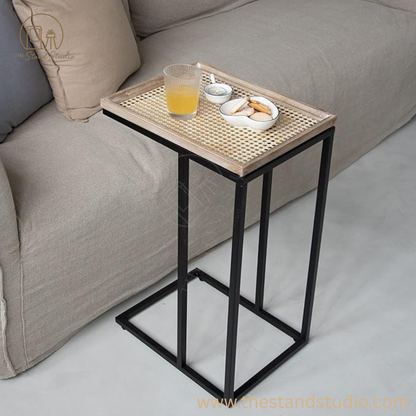 Farmhouse C-Shaped Couch End Table | Rustic Snack Side Table with Distressed Rattan Tray Top