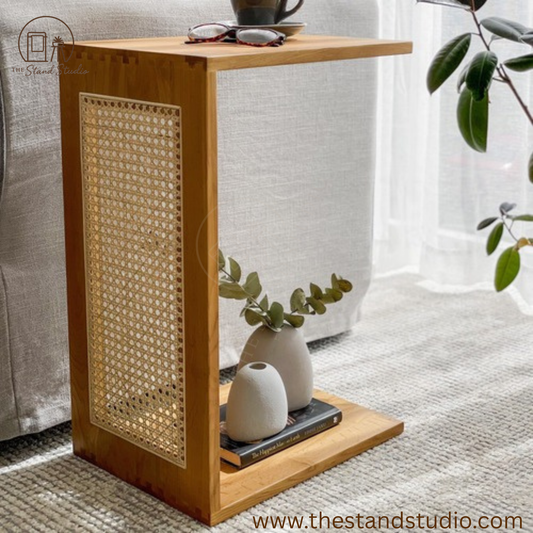 C-Shaped Oak Wood & Rattan Side Table | Modern Sofa & Bedside End Table