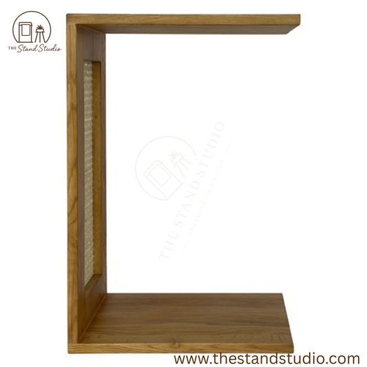 C-Shaped Oak Wood & Rattan Side Table | Modern Sofa & Bedside End Table