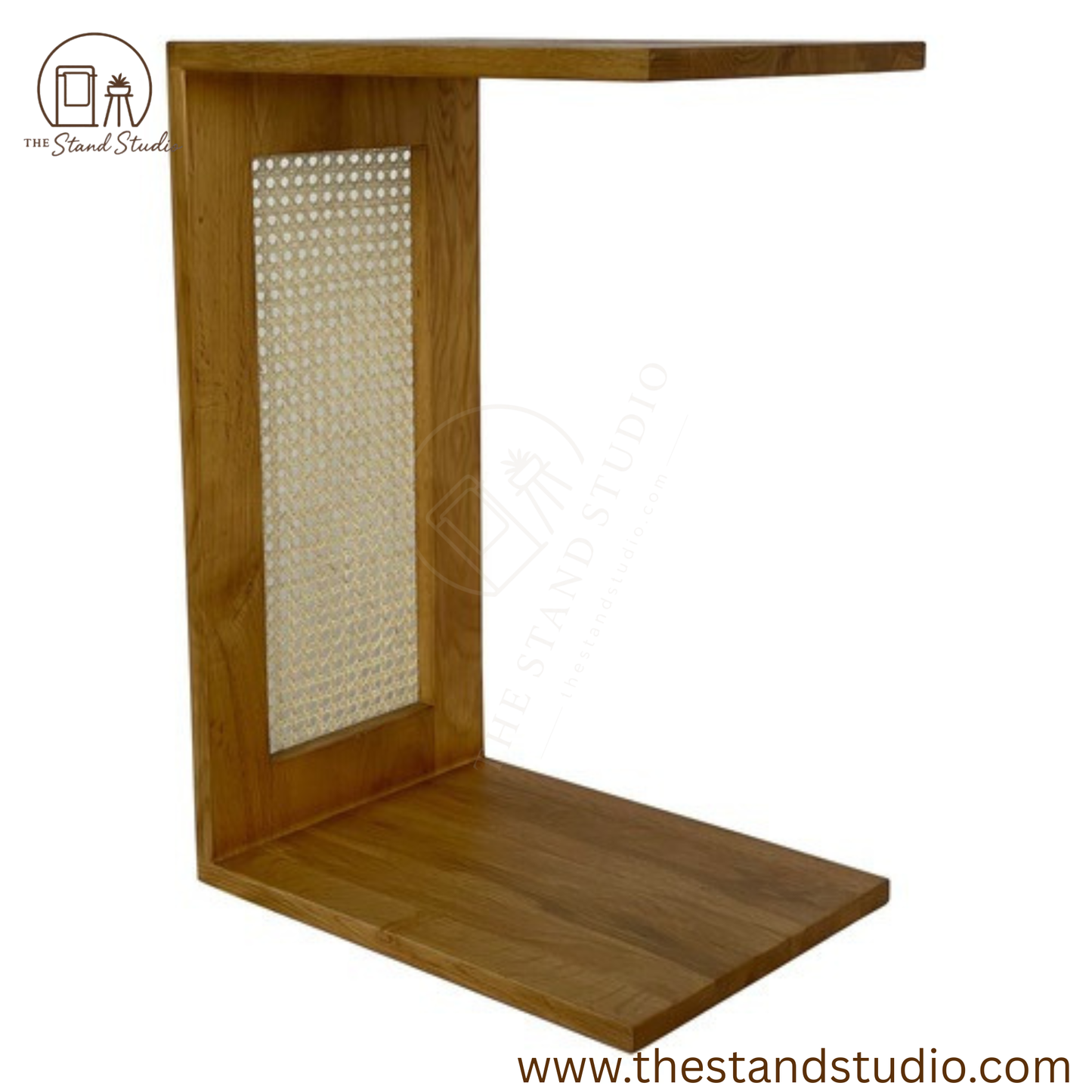 C-Shaped Oak Wood & Rattan Side Table | Modern Sofa & Bedside End Table