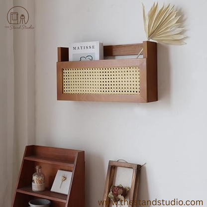 Wall Wood Magazine Rack with Rattan Grid, Size, File Holder For Entryway, Living Room, Waiting Room, Kids’ room, Office