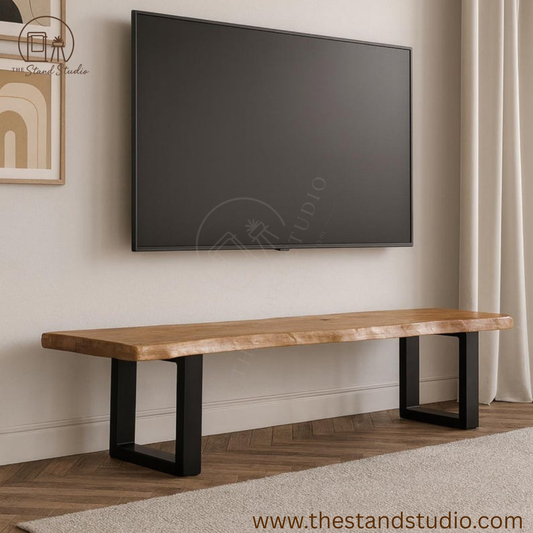 Live Edge Wood TV Stand, Handmade Rustic Media Console with Black Wooden Legs, Solid Wood TV Unit for Living Room