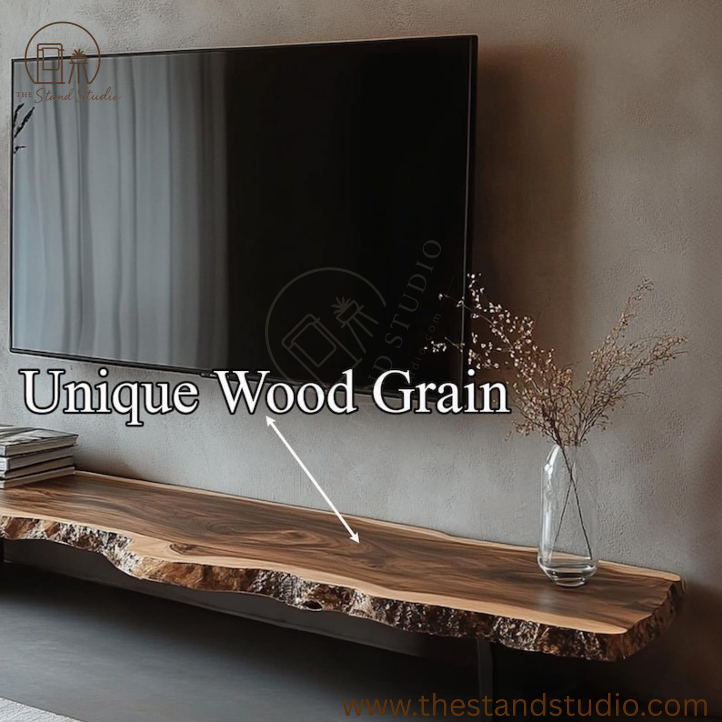 Rustic Live Edge TV Stand – Solid Sheesham Wood Floating Console Shelf – Handmade Natural Media Cabinet & Wooden TV Bench