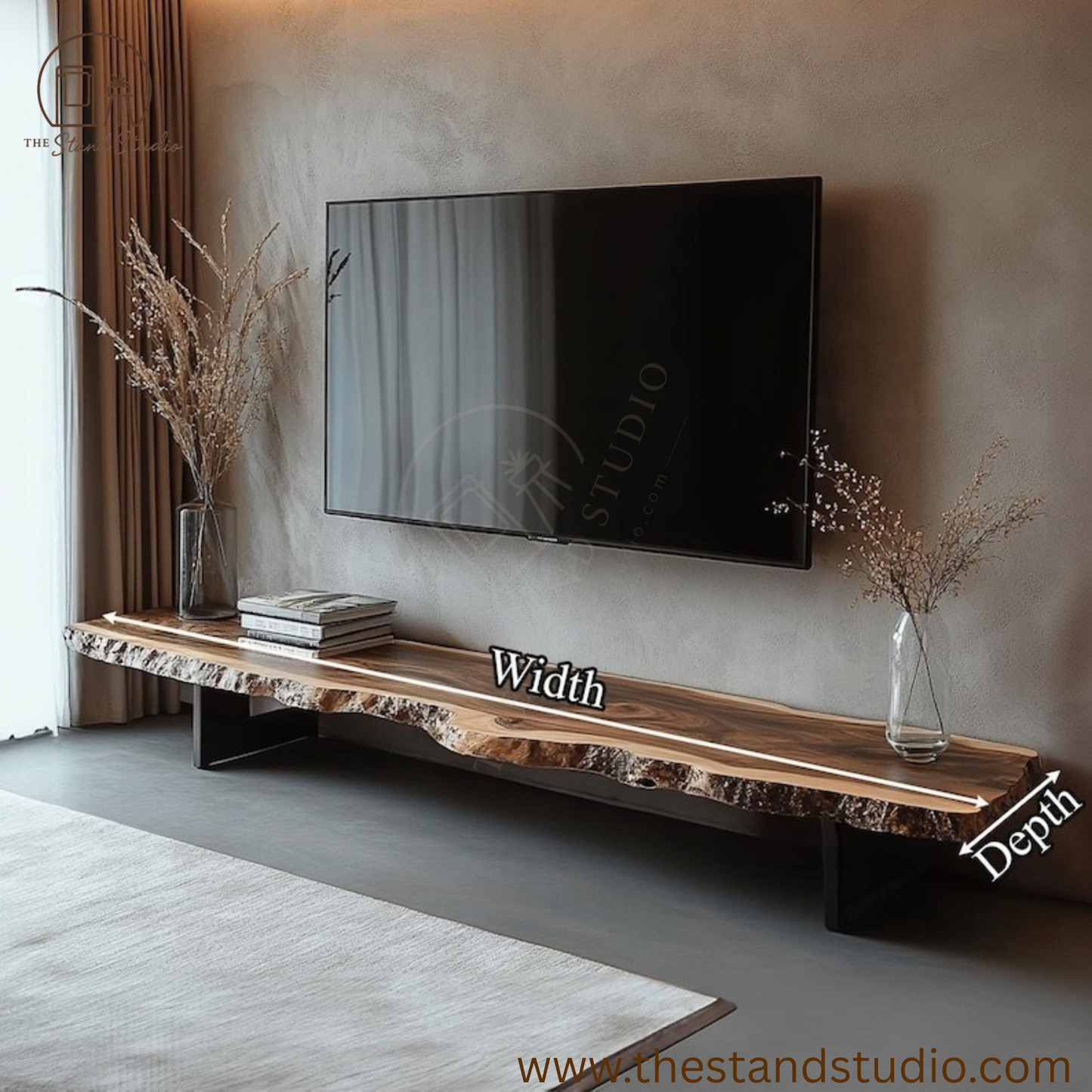 Rustic Live Edge TV Stand – Solid Sheesham Wood Floating Console Shelf – Handmade Natural Media Cabinet & Wooden TV Bench