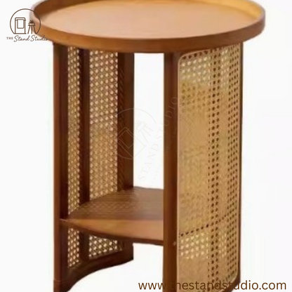 Round Rattan Woven Coffee Table – Small Living Room Accent & Bedside Shelf