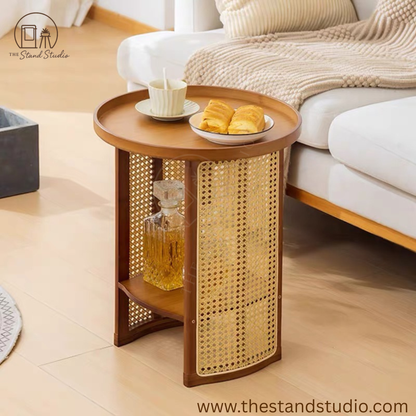 Round Rattan Woven Coffee Table – Small Living Room Accent & Bedside Shelf