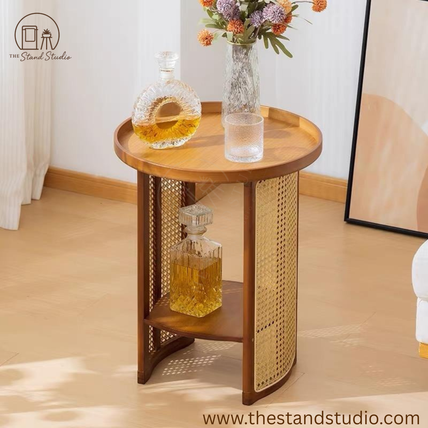 Round Rattan Woven Coffee Table – Small Living Room Accent & Bedside Shelf