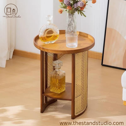 Round Rattan Woven Coffee Table – Small Living Room Accent & Bedside Shelf