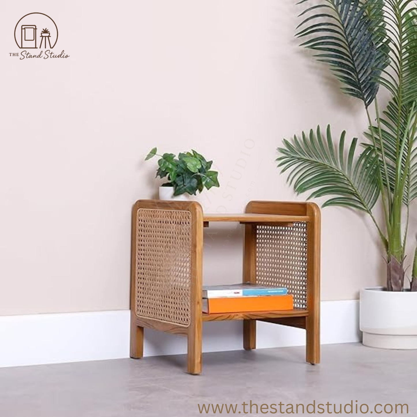 Urban Sheesham Wood & Rattan Side Table – Modern Boho Accent