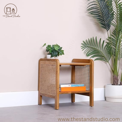 Urban Sheesham Wood & Rattan Side Table – Modern Boho Accent