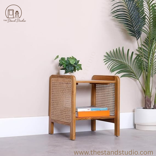 Urban Sheesham Wood & Rattan Side Table – Modern Boho Accent