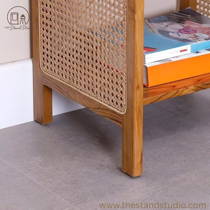 Urban Sheesham Wood & Rattan Side Table – Modern Boho Accent