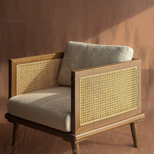 Rattan Armchair – Handcrafted Solid Wood & Cane Lounge Chair – Modern Minimalist Accent Seating