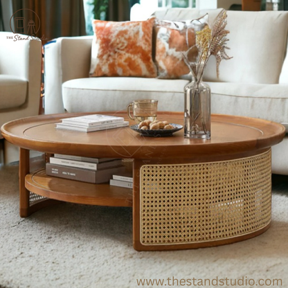 Rattan Coffee Table – Solid Wood Cane Center Table with Shelf – Modern Living Room Storage Table
