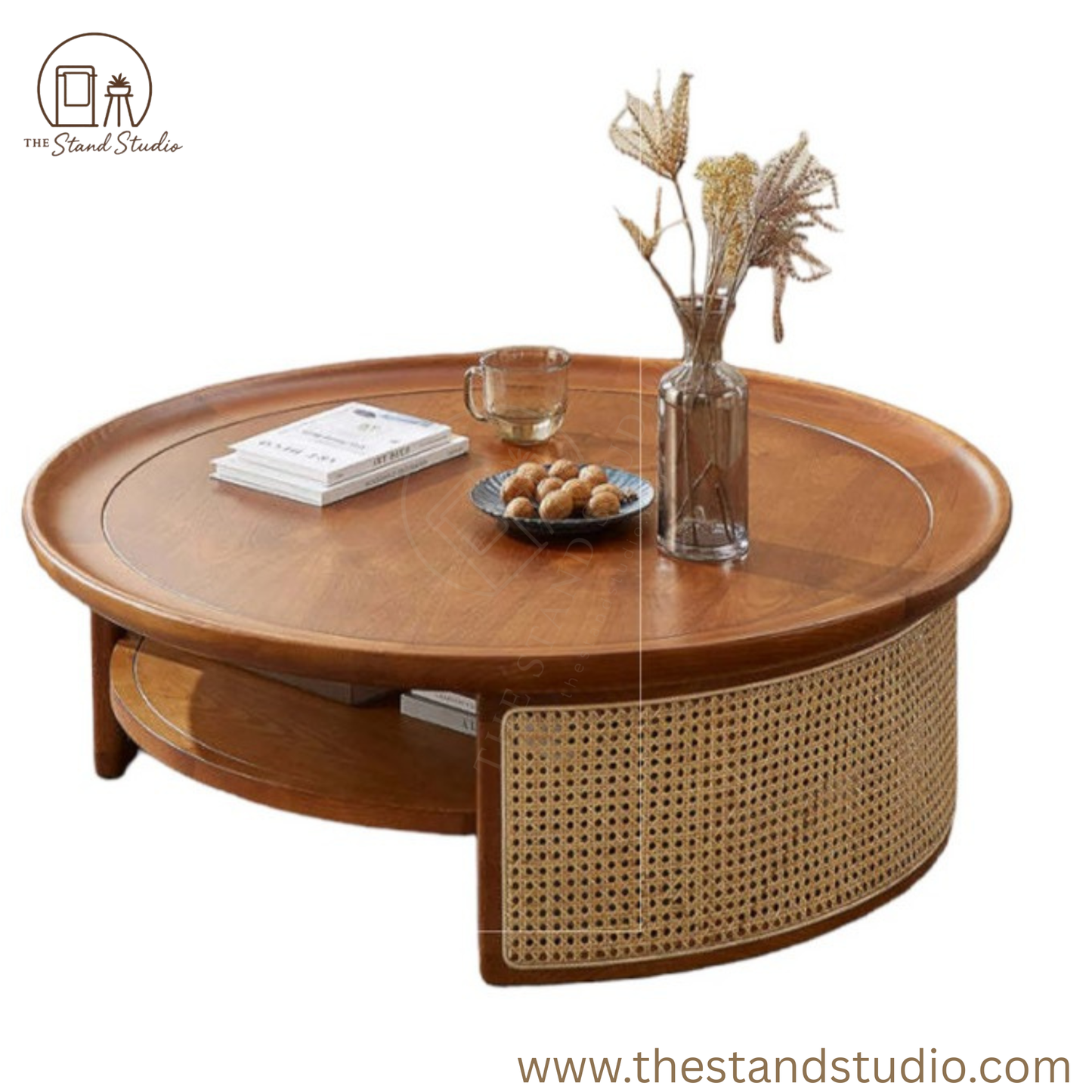 Rattan Coffee Table – Solid Wood Cane Center Table with Shelf – Modern Living Room Storage Table
