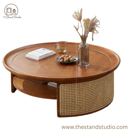 Rattan Coffee Table – Solid Wood Cane Center Table with Shelf – Modern Living Room Storage Table