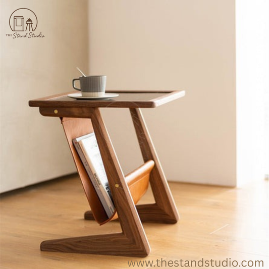 Solid Wood & Faux Leather Side Table
