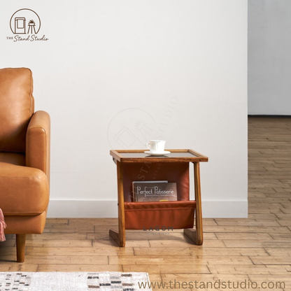 Solid Wood & Faux Leather Side Table