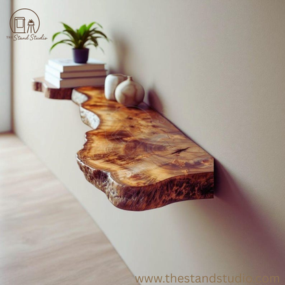 Live Edge Teak Floating Shelf – Rustic Modern Handmade Wood Wall Decor & Kitchen Shelves