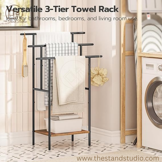 Tall Freestanding Towel Rack for Bathroom, 3 Tier Stepped Blanket Rack with Shelf, Oversized Bath Towels Drying and Display Rack