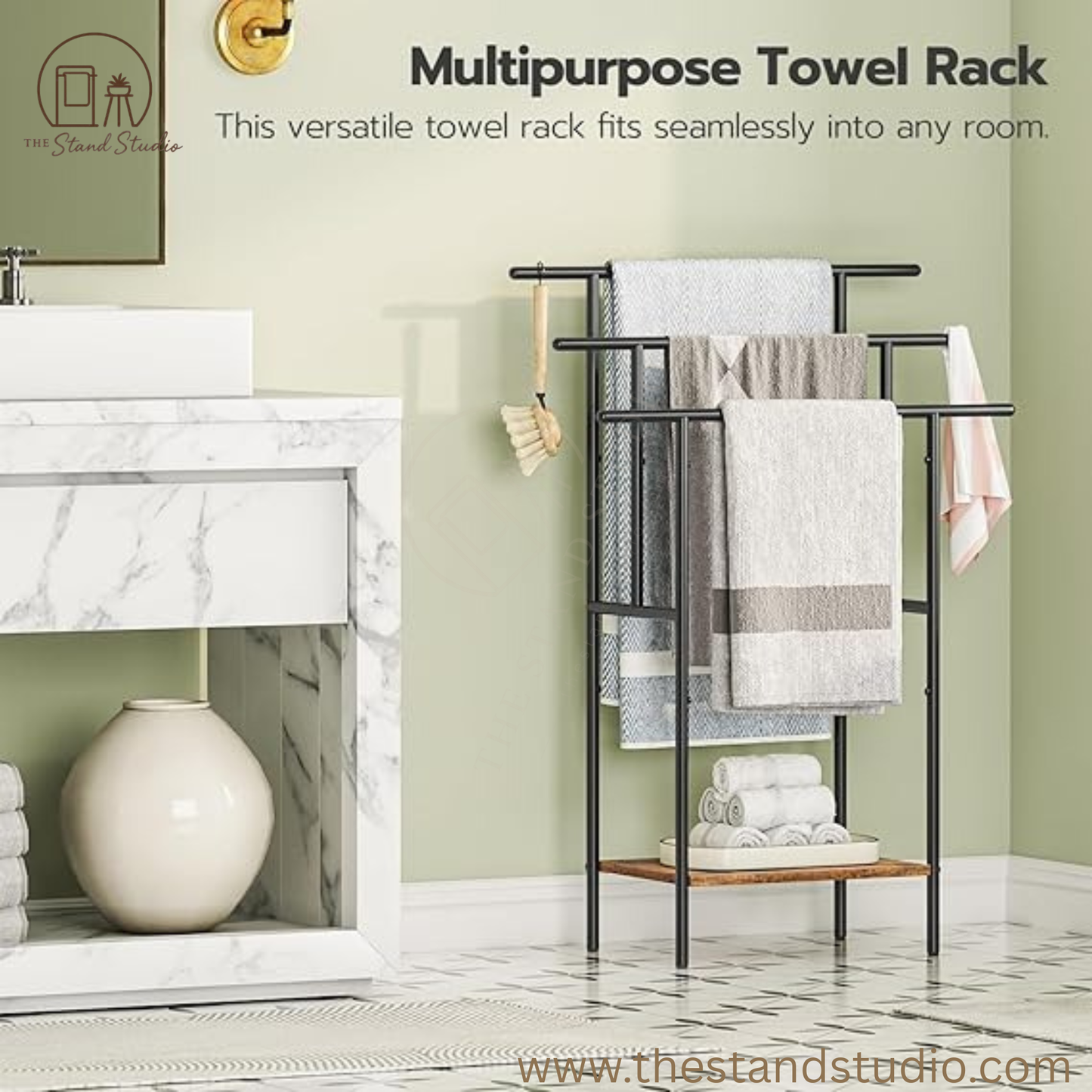 Tall Freestanding Towel Rack for Bathroom, 3 Tier Stepped Blanket Rack with Shelf, Oversized Bath Towels Drying and Display Rack