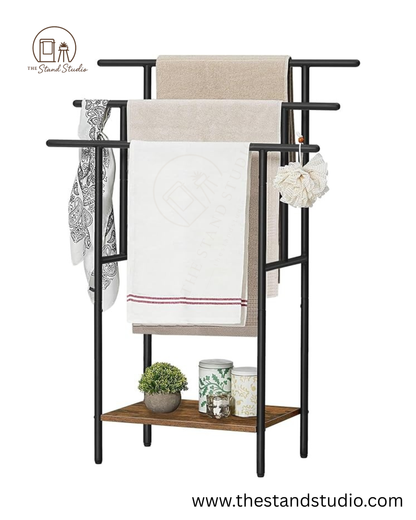Tall Freestanding Towel Rack for Bathroom, 3 Tier Stepped Blanket Rack with Shelf, Oversized Bath Towels Drying and Display Rack