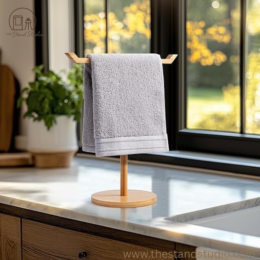 Towel Racks for Bathroom, Bamboo T-Shaped Free Standing Hand Towel Holder Stand, Towel bar for Bathroom Kitchen & Countertop