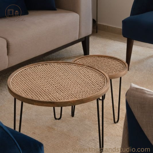 Handmade Rattan Round Side Tables (Pair) – Natural Cane Top with Hairpin Legs