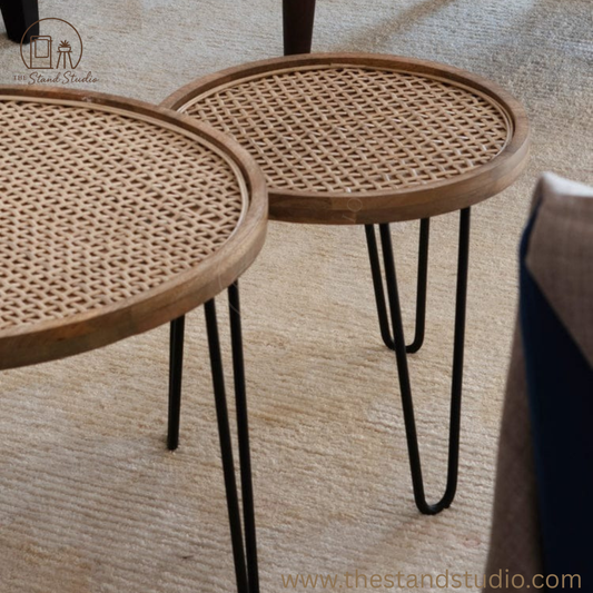 Handmade Rattan Round Side Tables (Pair) – Natural Cane Top with Hairpin Legs