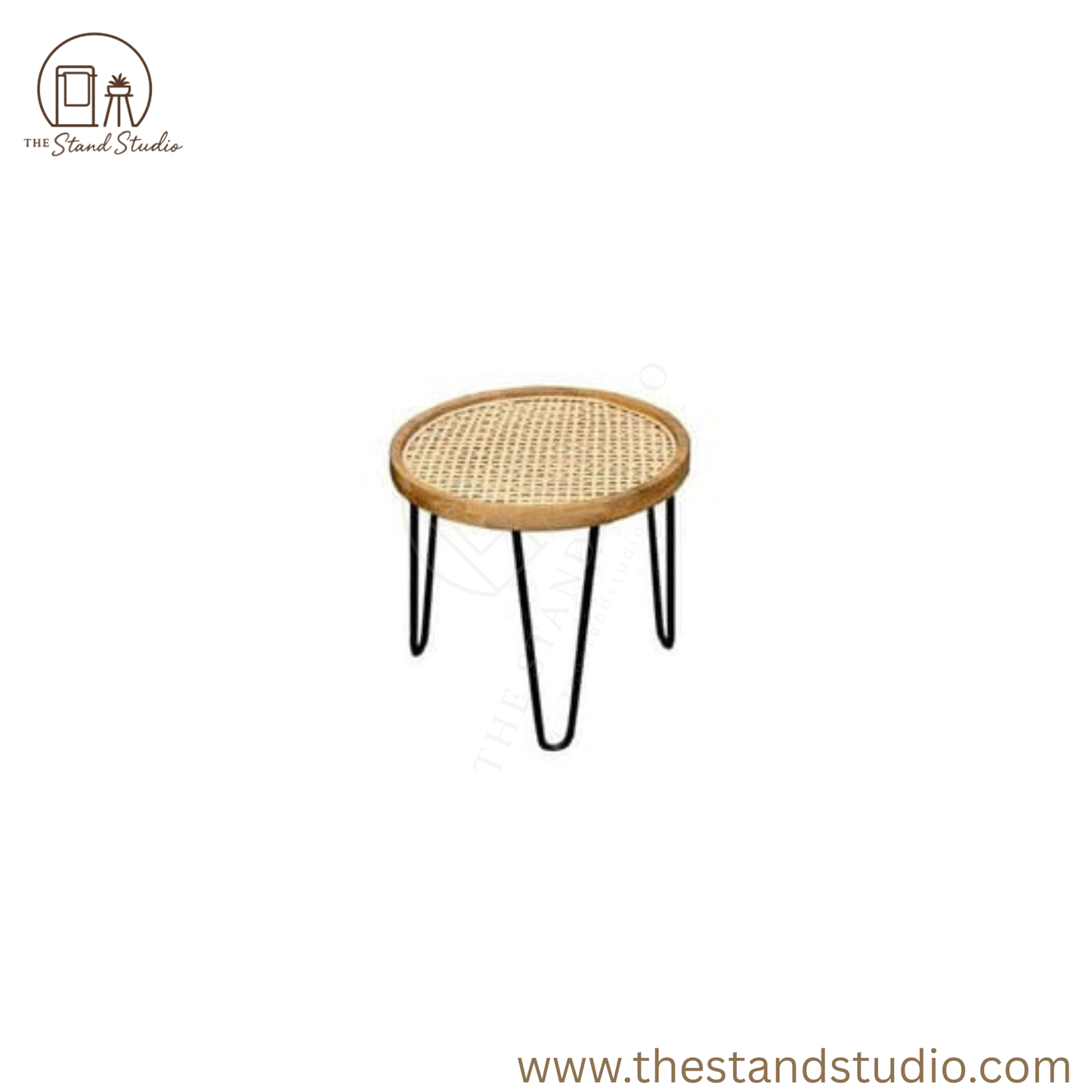 Handmade Rattan Round Side Tables (Pair) – Natural Cane Top with Hairpin Legs
