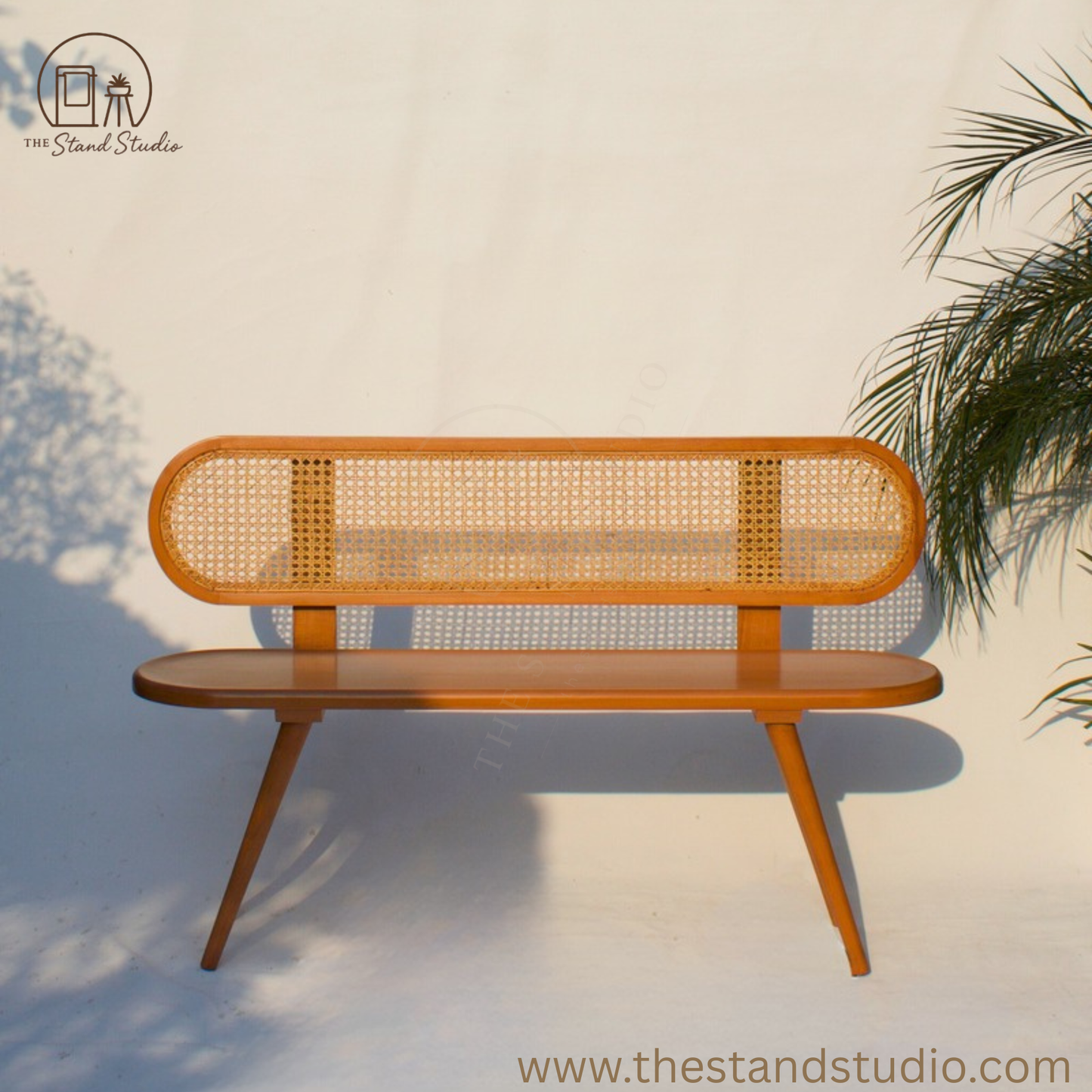 Handcrafted Wooden Bench with Woven Rattan Seat – Stylish & Versatile Seating