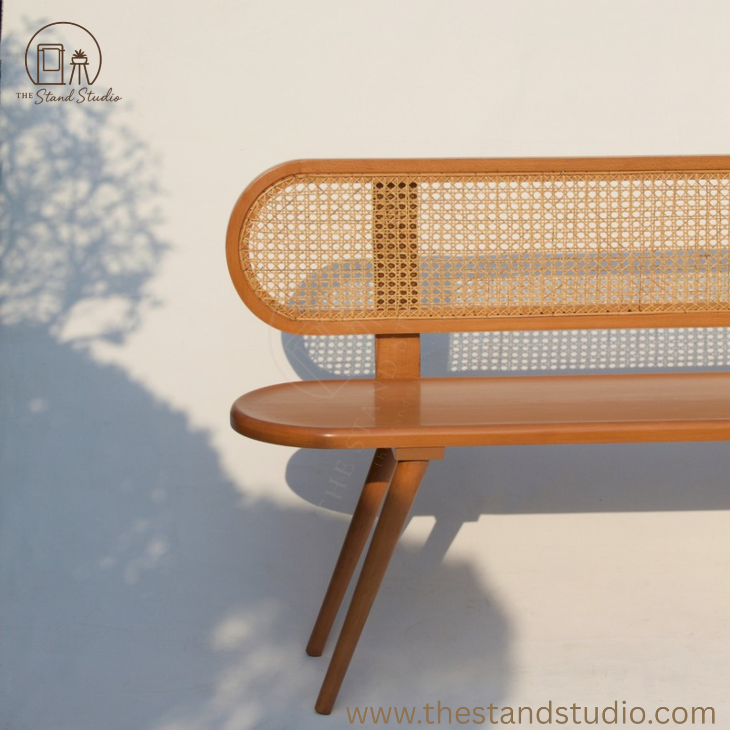 Handcrafted Wooden Bench with Woven Rattan Seat – Stylish & Versatile Seating