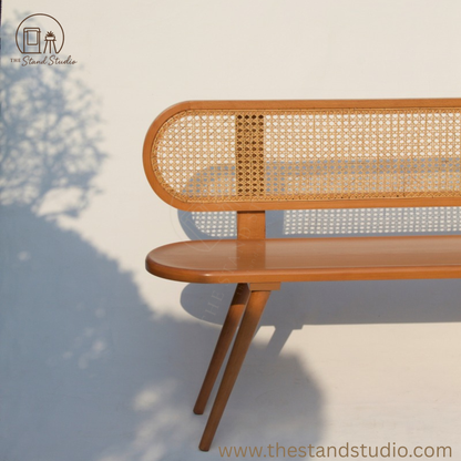 Handcrafted Wooden Bench with Woven Rattan Seat – Stylish & Versatile Seating