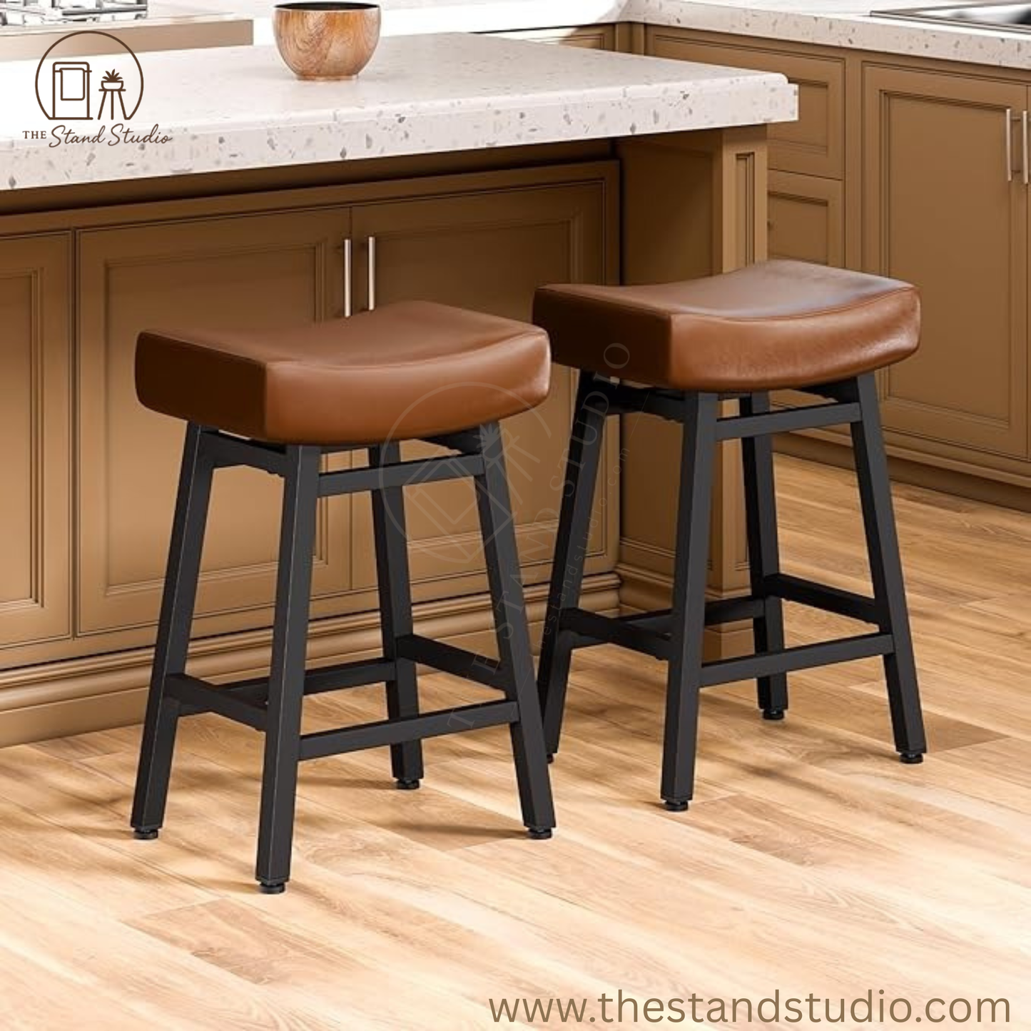 Counter Height Bar, 24 Inch Backless Bar Stools for Kitchen Island Leather Saddle Bar Chairs Kitchen Stools with 4" Thick Seats &amp; Heavy Duty Metal Base, Black