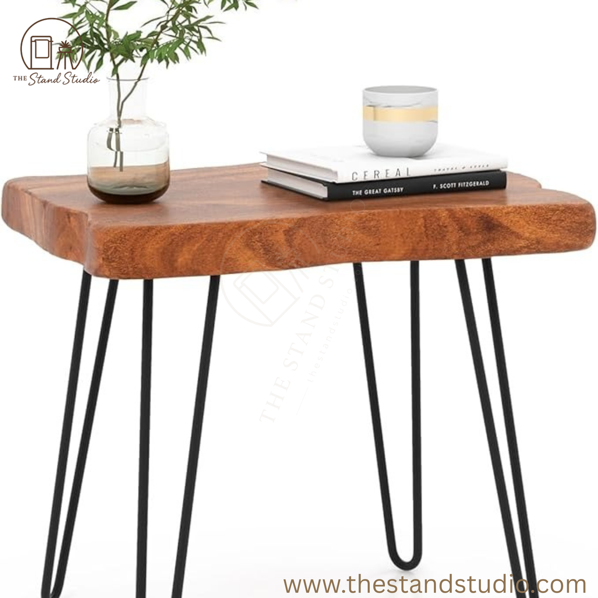 Sheesham Wood End Table, Solid Live Edge Outdoor Side Table w/Natural Grain &amp; Heavy-Duty Metal Legs, Rustic Plant Stand for Living Room Patio Balcony