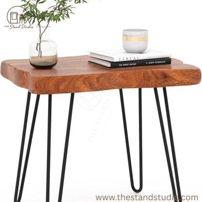 Sheesham Wood End Table, Solid Live Edge Outdoor Side Table w/Natural Grain &amp; Heavy-Duty Metal Legs, Rustic Plant Stand for Living Room Patio Balcony