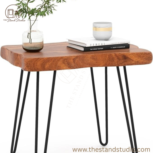 Sheesham Wood End Table, Solid Live Edge Outdoor Side Table w/Natural Grain &amp; Heavy-Duty Metal Legs, Rustic Plant Stand for Living Room Patio Balcony