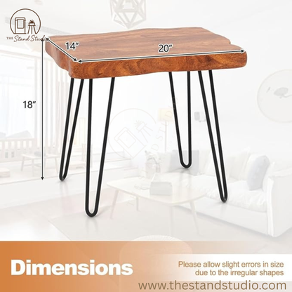 Sheesham Wood End Table, Solid Live Edge Outdoor Side Table w/Natural Grain &amp; Heavy-Duty Metal Legs, Rustic Plant Stand for Living Room Patio Balcony