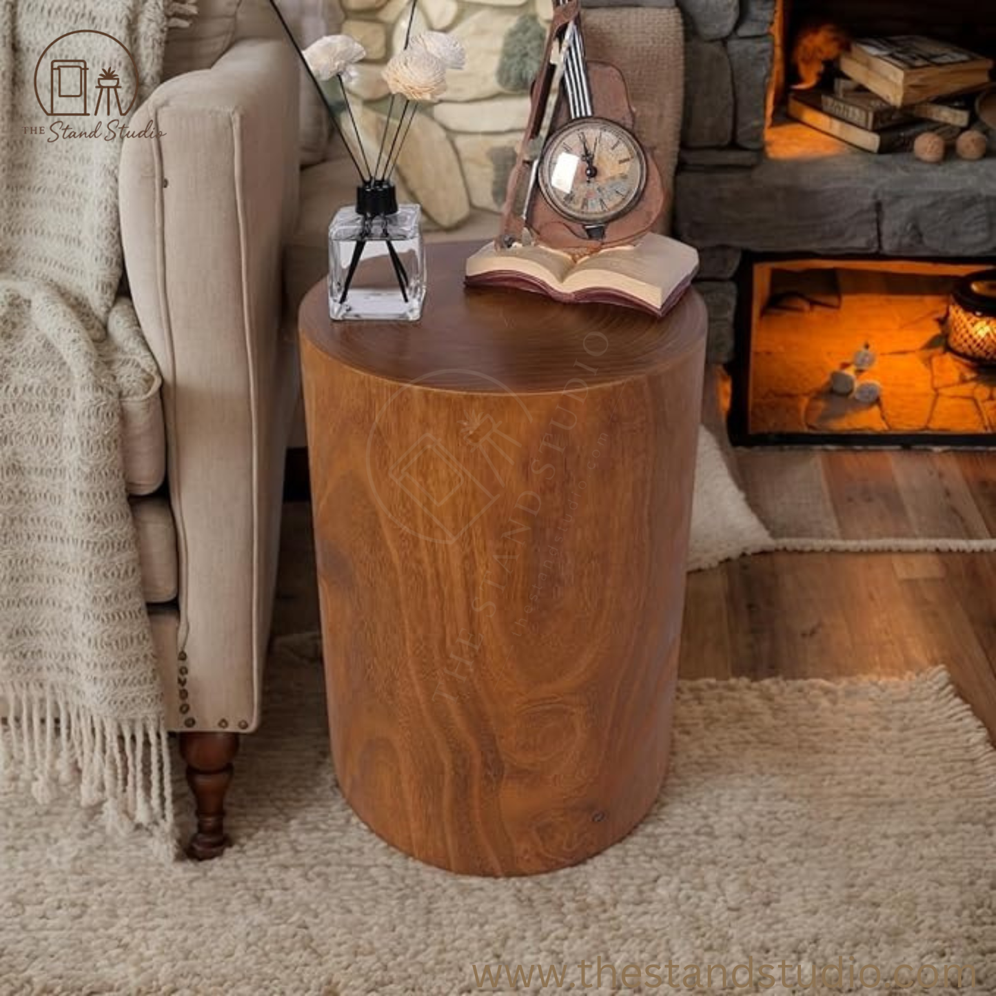 Wooden Tree Stump End Table, Rustic Wood Side Table, Wood Stump for Plant Stand Decor Nightstands Stool Indoor Outdoor