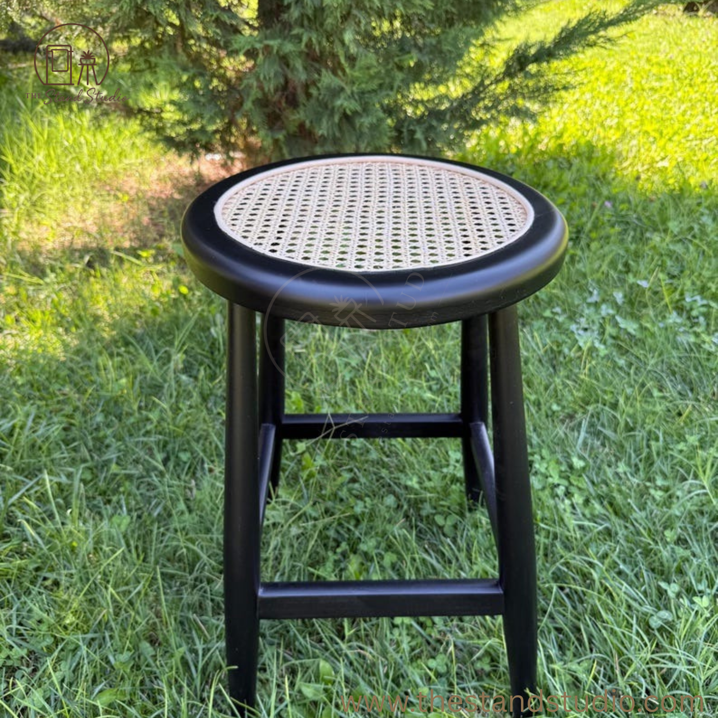 Customizable Handmade Wooden Bar Stool with Rattan Seat – Natural Wood & Black Finish