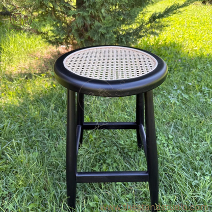 Customizable Handmade Wooden Bar Stool with Rattan Seat – Natural Wood & Black Finish